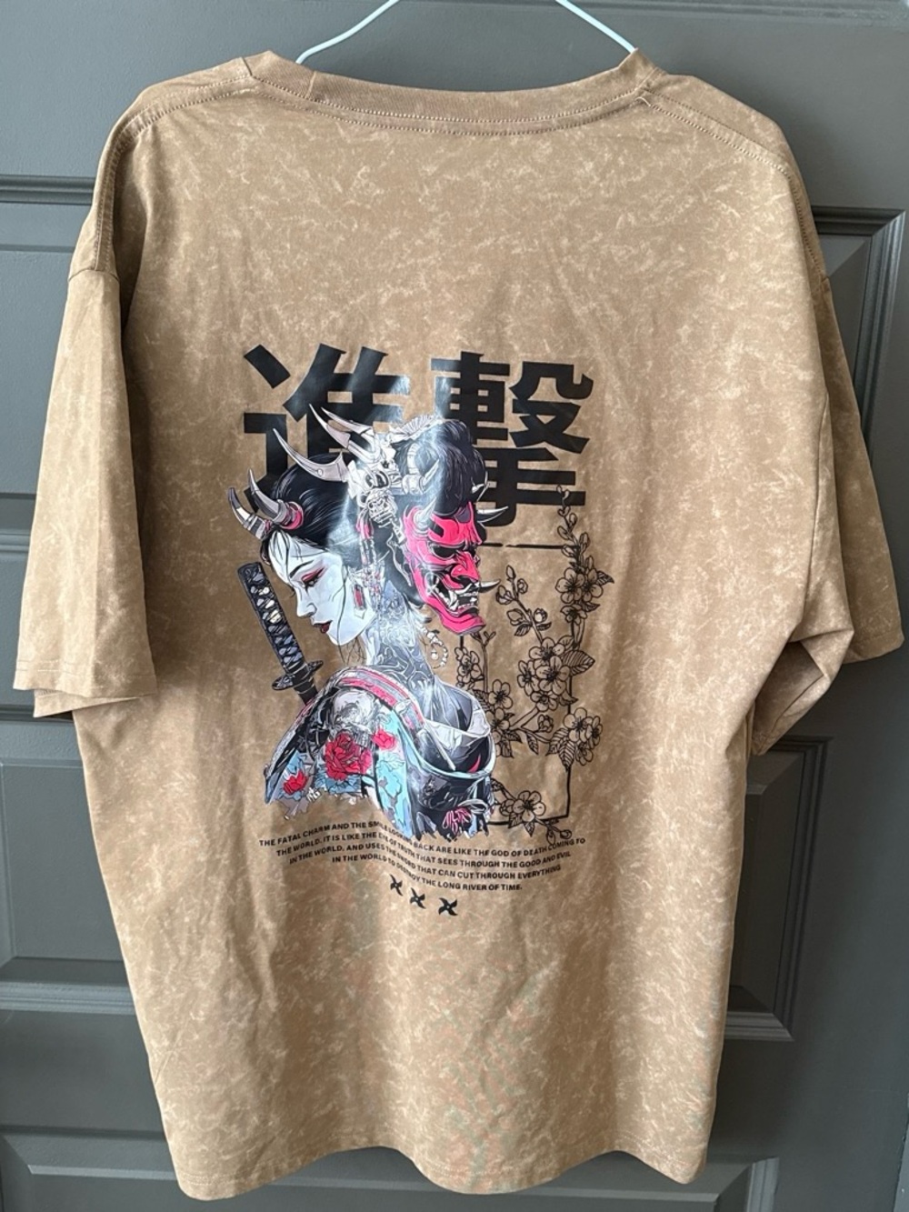 SHEIN Samurai Spirit Graphic T-Shirt Acid Wash Tan Brown Extra Large NWOT